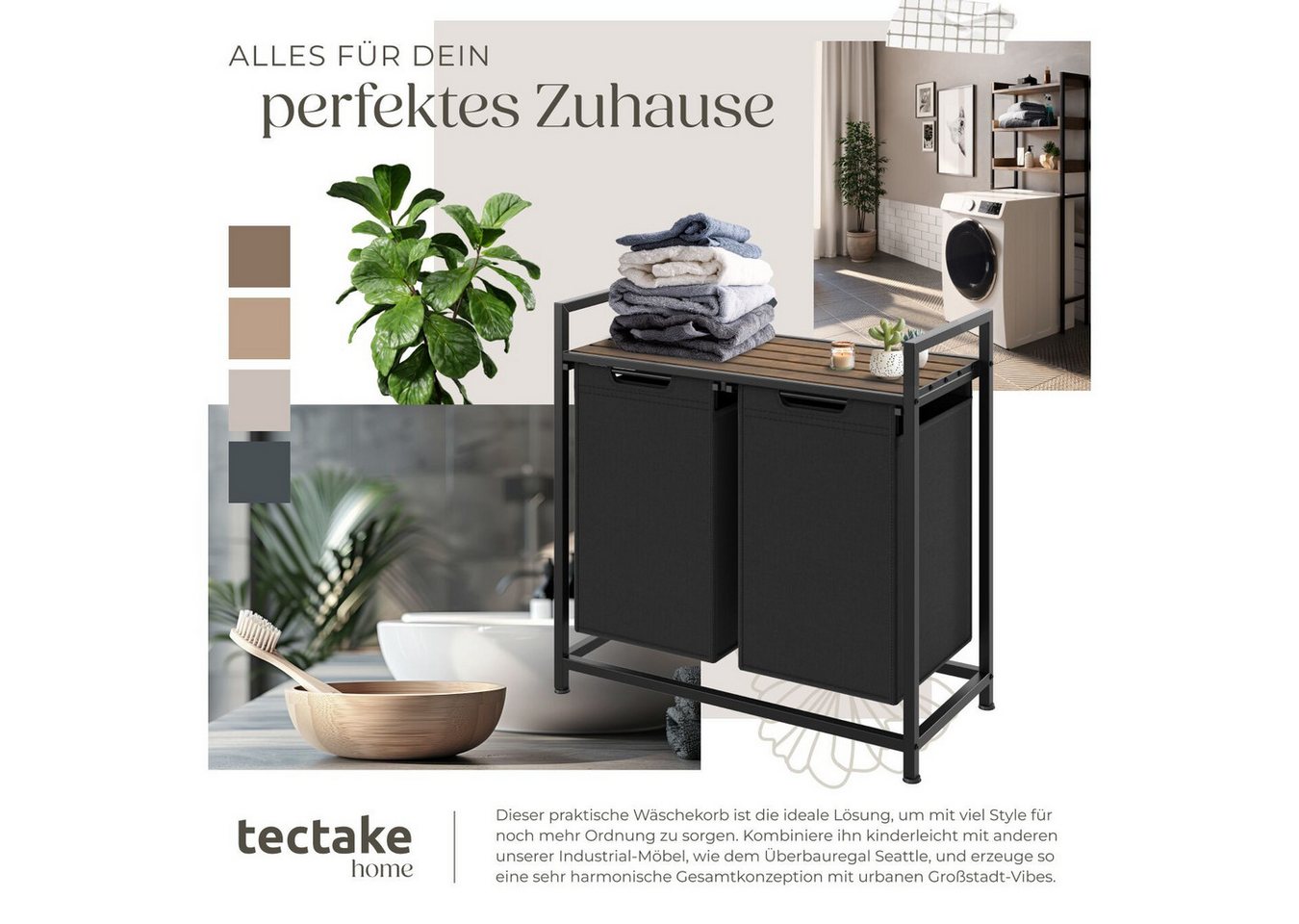 tectake Wäschekorb Wäschesortierer mit Ablage, höhenverstellbare Kunststofffüße (Wäschesammler, Industrial-Style in schwarz/braun), 2 oder 3 ausziehbare Fächer, – Bild 5 von 5