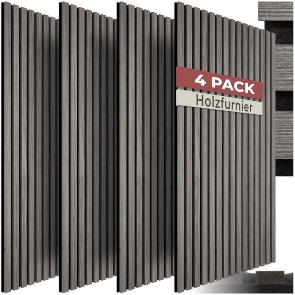tectake Wandpaneel 3D Akustikmodul 110 x 50 cm aus Echtholzfurnier mit Filz, BxL: 50x110 cm, (Akustikmodule Sonic Wall IV, 4-tlg., in Eiche hellgrau) einfache M