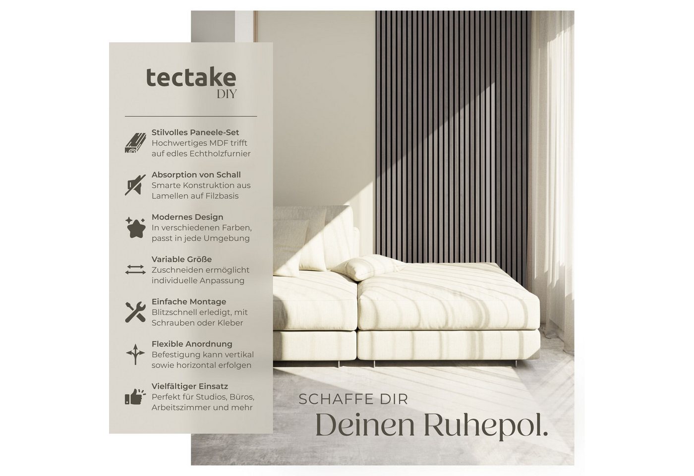 tectake Wandpaneel 3D Akustikmodul 110 x 50 cm aus Echtholzfurnier mit Filz, BxL: 50x110 cm, (Akustikmodule Sonic Wall IV, 4-tlg., in Eiche hellgrau) einfache M – Bild 2 von 5