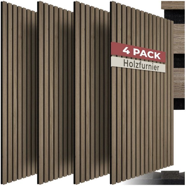tectake Wandpaneel 3D Akustikpaneel Echtholzfurnier schallabsorbierend zuschneidbar, BxL: 50x110 cm, (Akustikpaneele Holz Sonic Wall IV, 4-tlg., in Eiche dunkel