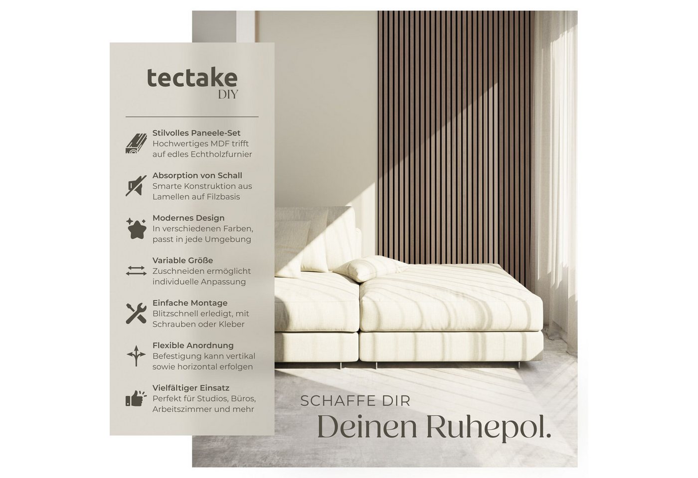 tectake Wandpaneel 3D Akustikpaneel Echtholzfurnier schallabsorbierend zuschneidbar, BxL: 50x110 cm, (Akustikpaneele Holz Sonic Wall IV, 4-tlg., in Eiche dunkel – Bild 2 von 5