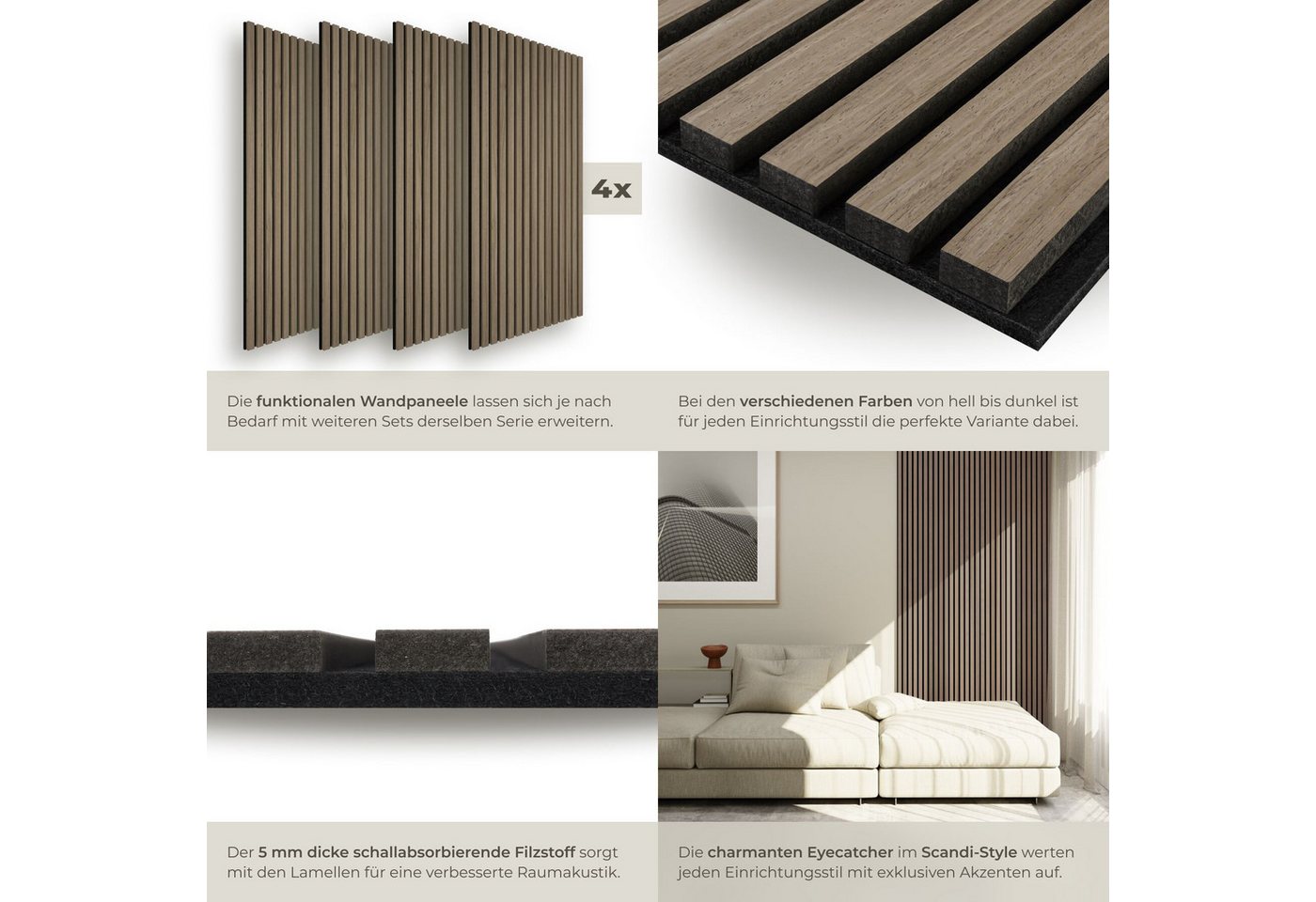 tectake Wandpaneel 3D Akustikpaneel Echtholzfurnier schallabsorbierend zuschneidbar, BxL: 50x110 cm, (Akustikpaneele Holz Sonic Wall IV, 4-tlg., in Eiche dunkel – Bild 4 von 5