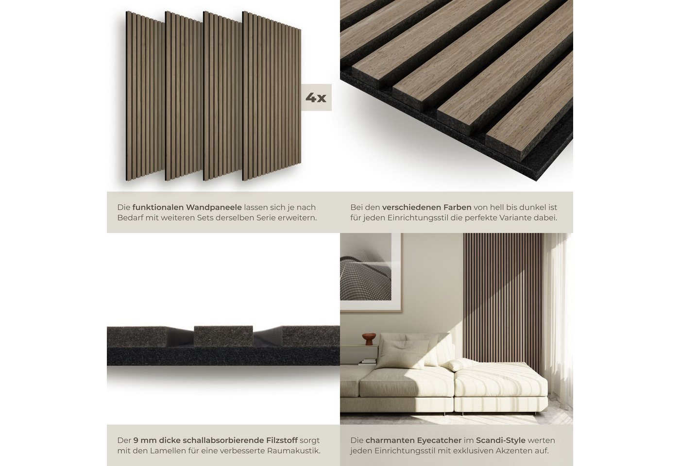 tectake Wandpaneel Akustikpaneele aus MDF und Echtholzfurnier - Eiche dunkel, BxL: 50x110 cm, 0.55000000000000004 qm, (Holzpaneele Sonic Wall II, 4-tlg., Größe  – Bild 4 von 5