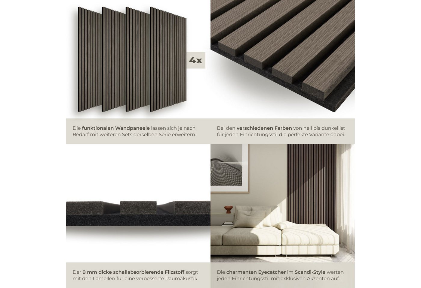 tectake Wandpaneel Akustikpaneele aus MDF und Echtholzfurnier - Eiche grau, BxL: 50x110 cm, 0.55000000000000004 qm, (Holzpaneele Sonic Wall II, 4-tlg., Größe fl – Bild 4 von 5