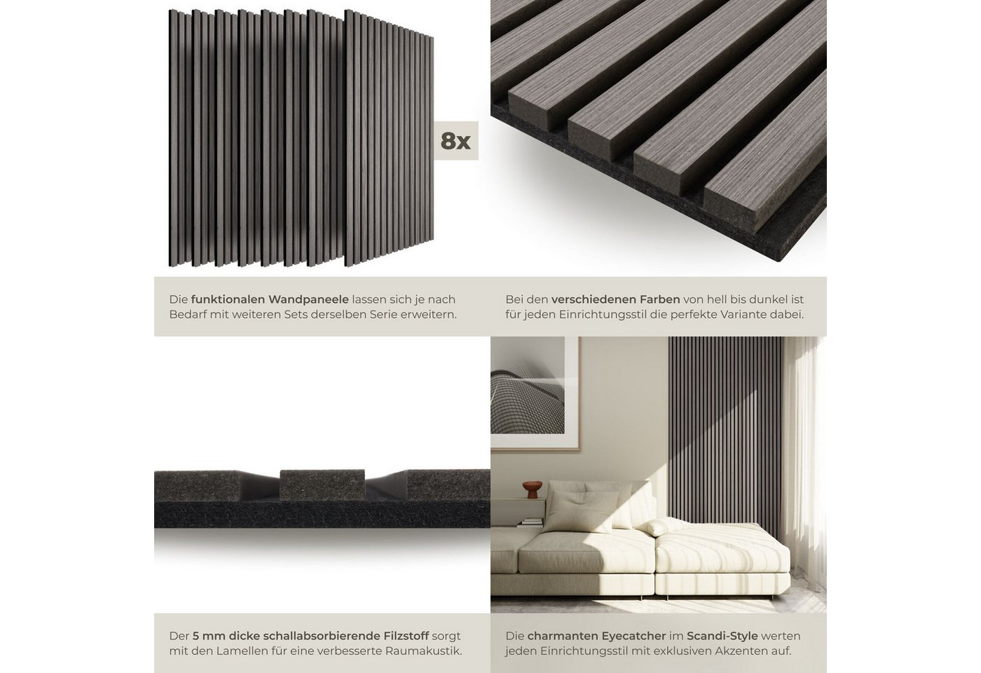 tectake Wandpaneel Akustikpaneele aus MDF und Echtholzfurnier, je 110 x 50 x 1,1 cm, BxL: 50x110 cm, (Holzpaneele Sonic Wall IV, 8-tlg., Holzoptik in Eiche hell – Bild 4 von 5