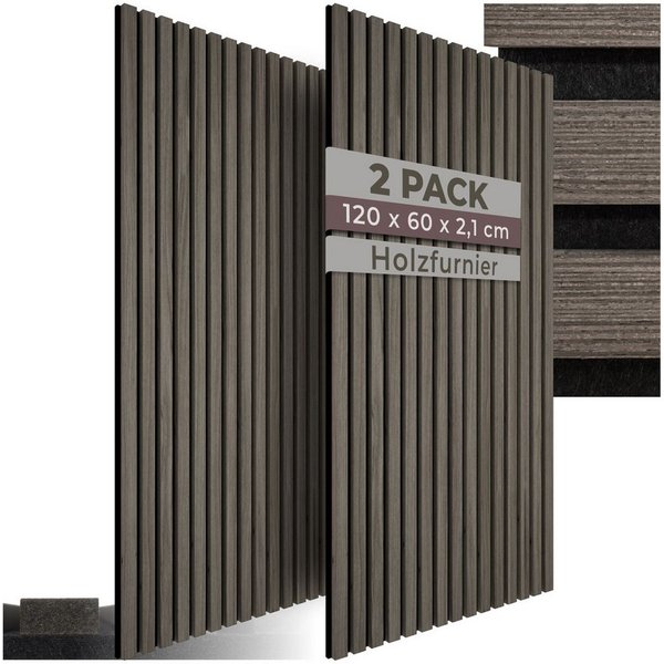 tectake Wandpaneel Akustikpaneele aus MDF und Echtholzfurnier - Eiche grau, BxL: 60x120 cm, 0.72 qm, (Holzpaneele Sonic Wall, 2-tlg., Größe flexibel anpassbar) 