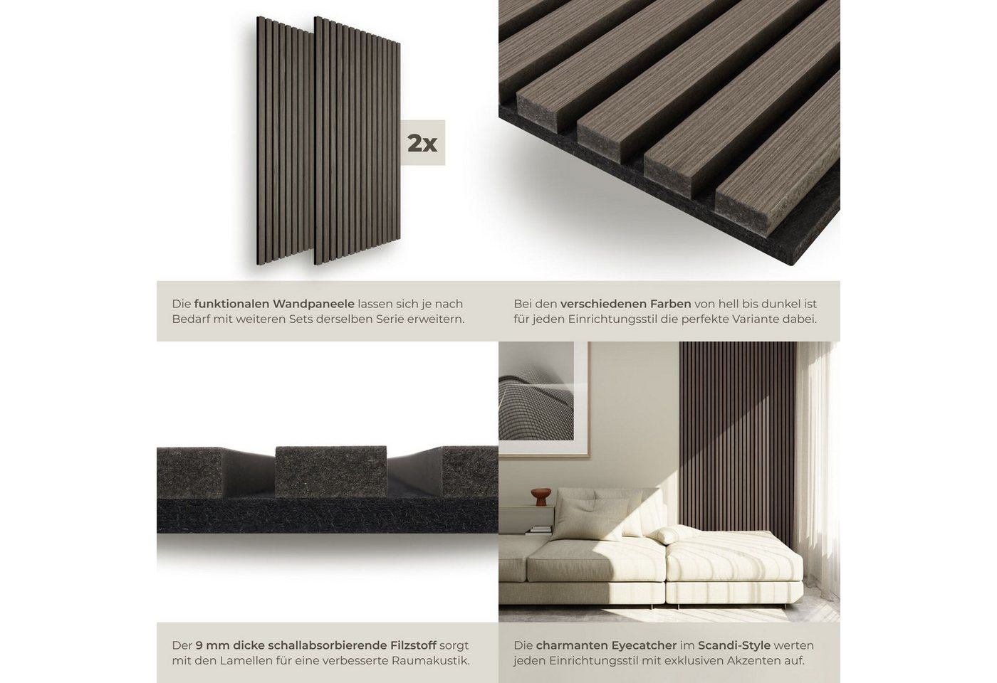 tectake Wandpaneel Akustikpaneele aus MDF und Echtholzfurnier - Eiche grau, BxL: 60x120 cm, 0.72 qm, (Holzpaneele Sonic Wall, 2-tlg., Größe flexibel anpassbar)  – Bild 4 von 5