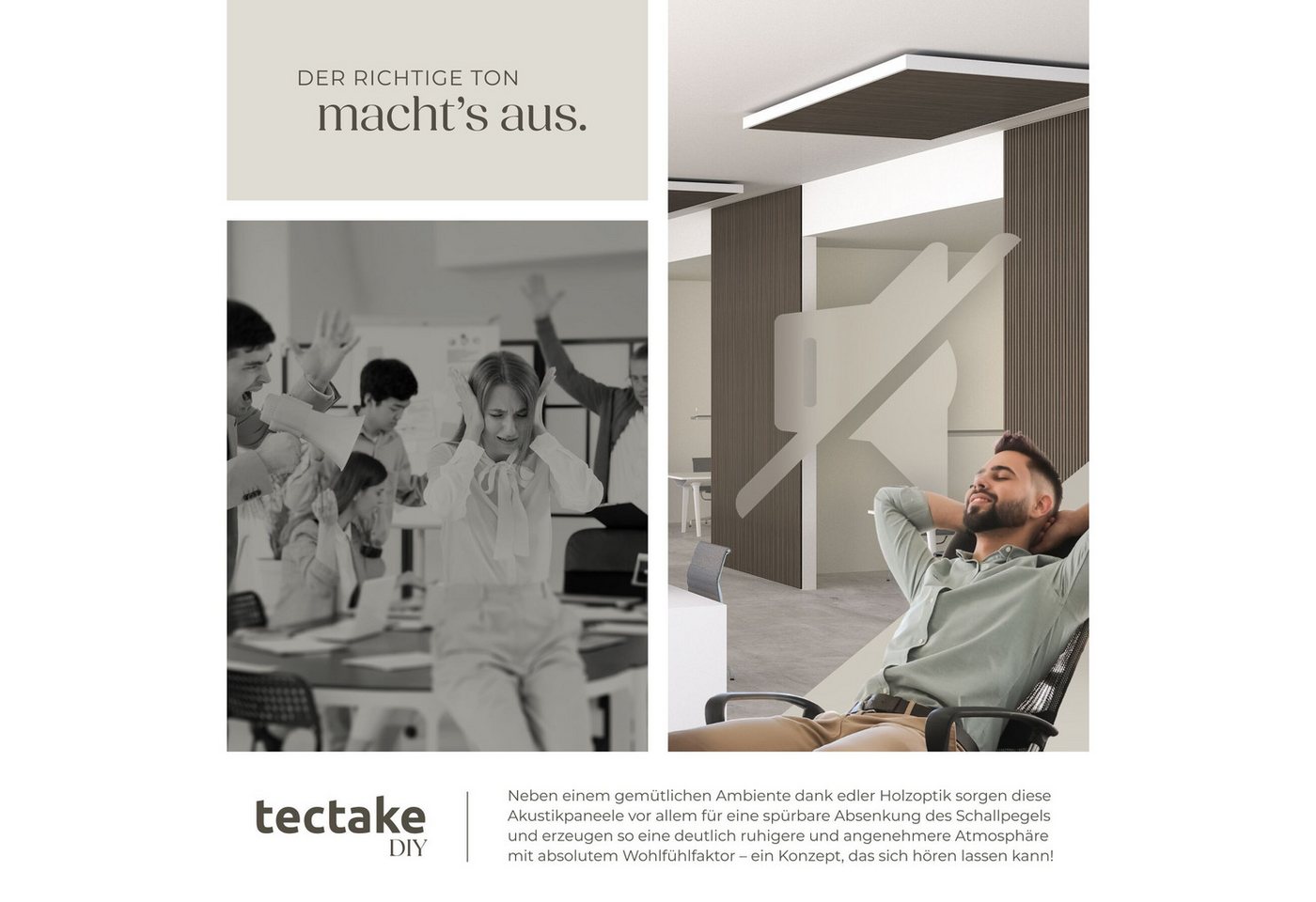 tectake Wandpaneel Akustikpaneele aus MDF und Echtholzfurnier - Eiche grau, BxL: 60x120 cm, 0.72 qm, (Holzpaneele Sonic Wall, 2-tlg., Größe flexibel anpassbar)  – Bild 5 von 5