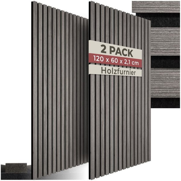 tectake Wandpaneel Akustikpaneele aus MDF und Echtholzfurnier - Eiche hellgrau, BxL: 60x120 cm, 0.72 qm, (Holzpaneele Sonic Wall, 2-tlg., Größe flexibel anpassb