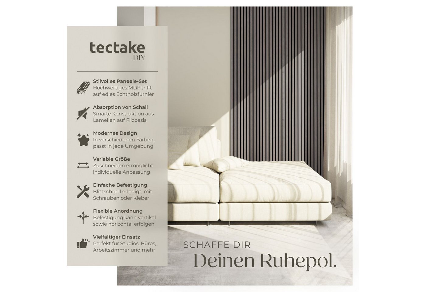 tectake Wandpaneel Akustikpaneele aus MDF und Echtholzfurnier - Eiche hellgrau, BxL: 60x120 cm, 0.72 qm, (Holzpaneele Sonic Wall, 2-tlg., Größe flexibel anpassb – Bild 2 von 5