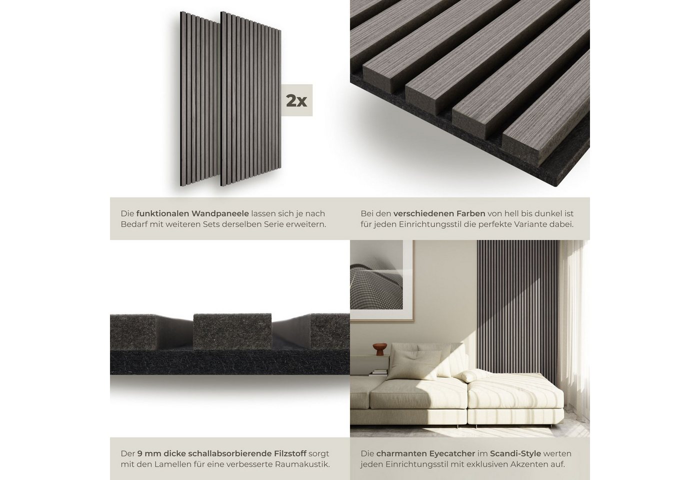 tectake Wandpaneel Akustikpaneele aus MDF und Echtholzfurnier - Eiche hellgrau, BxL: 60x120 cm, 0.72 qm, (Holzpaneele Sonic Wall, 2-tlg., Größe flexibel anpassb – Bild 4 von 5