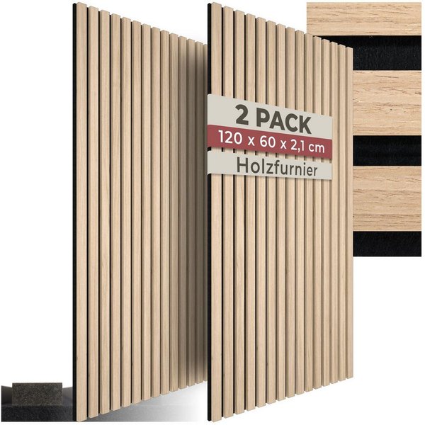 tectake Wandpaneel Akustikpaneele aus MDF und Echtholzfurnier - Eiche hell, BxL: 60x120 cm, 0.72 qm, (Holzpaneele Sonic Wall II, 2-tlg., Größe flexibel anpassba