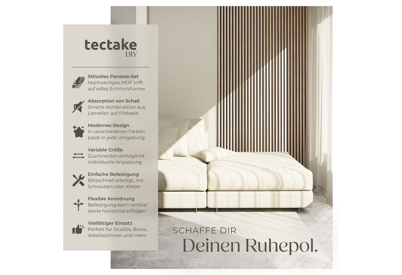 tectake Wandpaneel Akustikpaneele aus MDF und Echtholzfurnier - Eiche hell, BxL: 60x120 cm, 0.72 qm, (Holzpaneele Sonic Wall II, 2-tlg., Größe flexibel anpassba – Bild 2 von 5