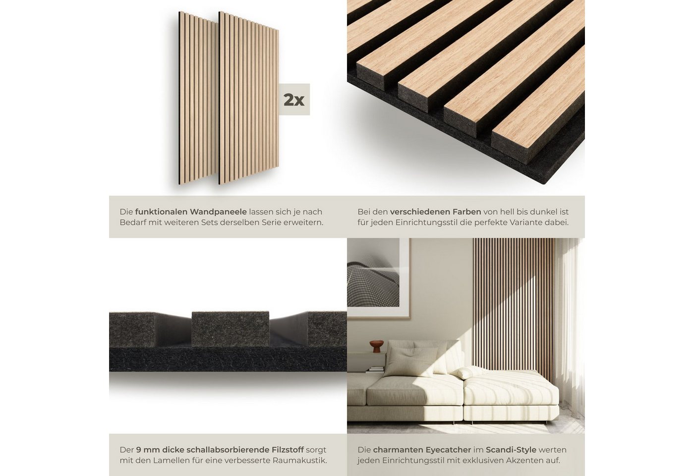 tectake Wandpaneel Akustikpaneele aus MDF und Echtholzfurnier - Eiche hell, BxL: 60x120 cm, 0.72 qm, (Holzpaneele Sonic Wall II, 2-tlg., Größe flexibel anpassba – Bild 4 von 5
