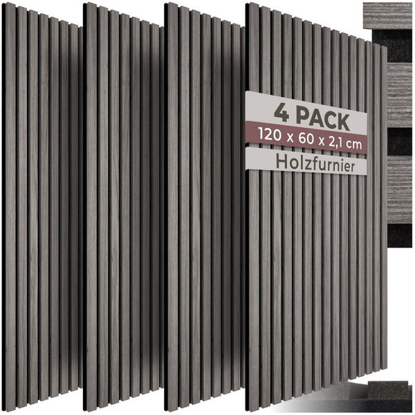 tectake Wandpaneel Akustikpaneele aus MDF und Echtholzfurnier - Eiche hellgrau, BxL: 60x120 cm, 0.72 qm, (Holzpaneele Sonic Wall, 4-tlg., Größe flexibel anpassb