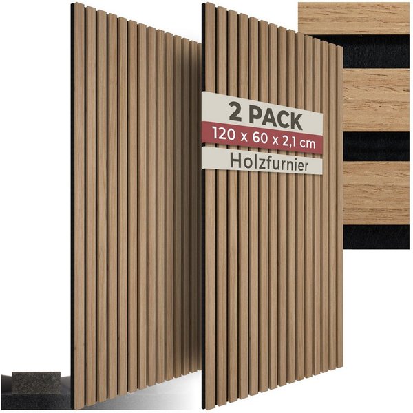 tectake Wandpaneel Akustikpaneele aus MDF und Echtholzfurnier - Eiche, BxL: 60x120 cm, 0.72 qm, (Holzpaneele Sonic Wall, 2-tlg., Größe flexibel anpassbar) schal