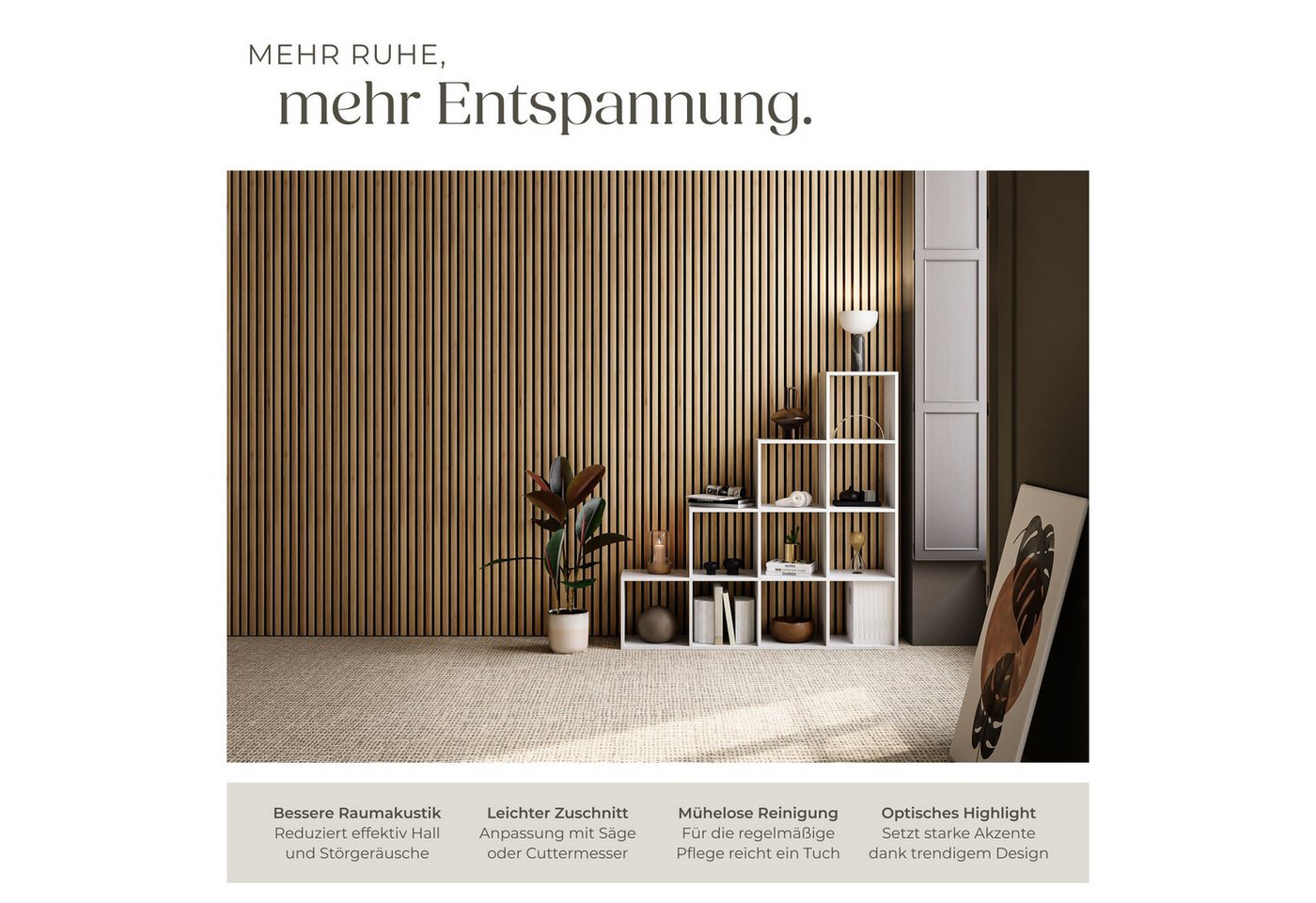 tectake Wandpaneel Akustikpaneele aus MDF und Echtholzfurnier - Eiche, BxL: 60x120 cm, 0.72 qm, (Holzpaneele Sonic Wall, 2-tlg., Größe flexibel anpassbar) schal – Bild 3 von 5