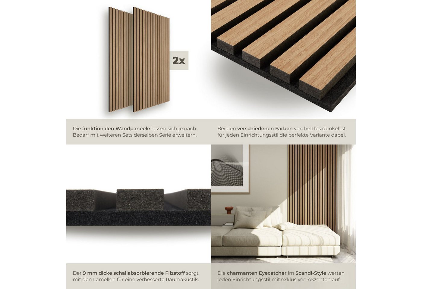 tectake Wandpaneel Akustikpaneele aus MDF und Echtholzfurnier - Eiche, BxL: 60x120 cm, 0.72 qm, (Holzpaneele Sonic Wall, 2-tlg., Größe flexibel anpassbar) schal – Bild 4 von 5