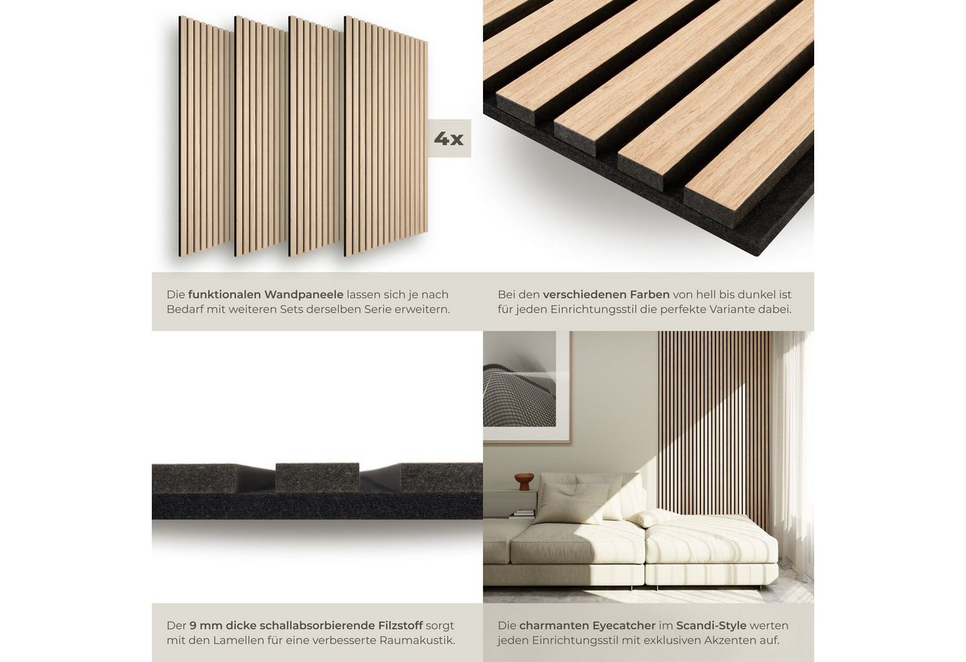 tectake Wandpaneel Akustikpaneele aus MDF und Echtholzfurnier - Eiche hell, BxL: 50x110 cm, 0.55000000000000004 qm, (Holzpaneele Sonic Wall II, 4-tlg., Größe fl – Bild 4 von 5