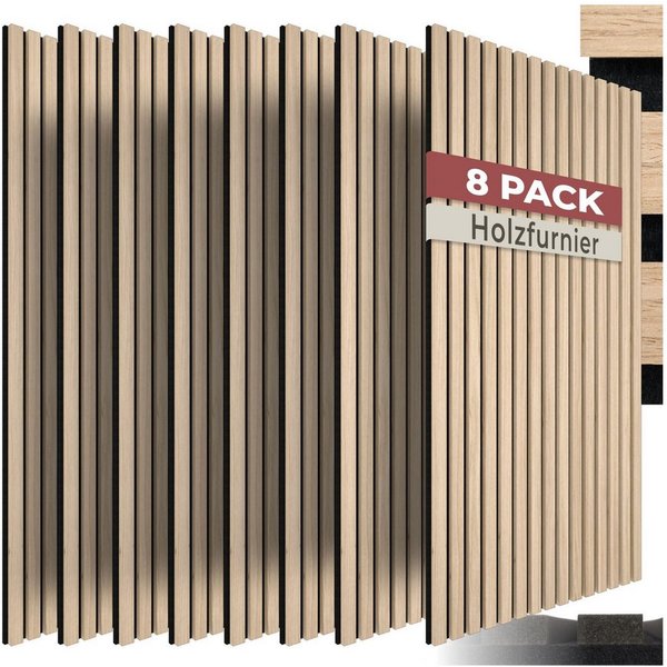 tectake Wandpaneel Akustikpaneele aus MDF und Echtholzfurnier, je 110 x 50 x 1,1 cm, BxL: 50x110 cm, (Holzpaneele Sonic Wall IV, 8-tlg., Holzoptik in Eiche hell