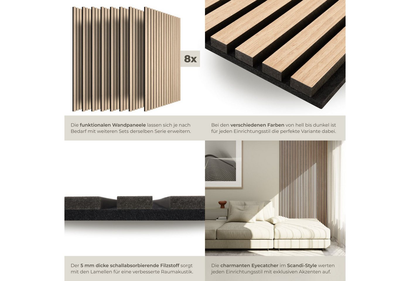 tectake Wandpaneel Akustikpaneele aus MDF und Echtholzfurnier, je 110 x 50 x 1,1 cm, BxL: 50x110 cm, (Holzpaneele Sonic Wall IV, 8-tlg., Holzoptik in Eiche hell – Bild 4 von 5