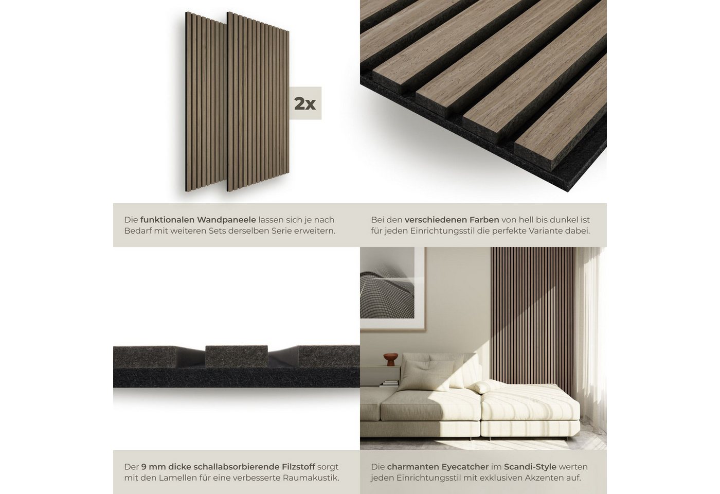 tectake Wandpaneel Akustikpaneele aus MDF und Echtholzfurnier - Eiche dunkel, BxL: 50x110 cm, 0.55000000000000004 qm, (Holzpaneele Sonic Wall II, 2-tlg., Größe  – Bild 4 von 5