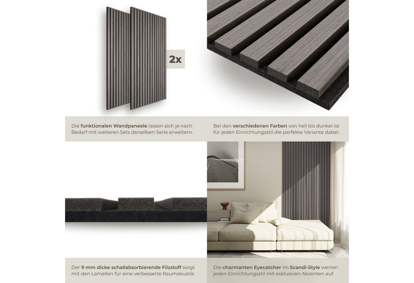 tectake Wandpaneel Akustikpaneele aus MDF und Echtholzfurnier - Eiche hellgrau, BxL: 50x110 cm, 0.55000000000000004 qm, (Holzpaneele Sonic Wall II, 2-tlg., Größ – Bild 4 von 5