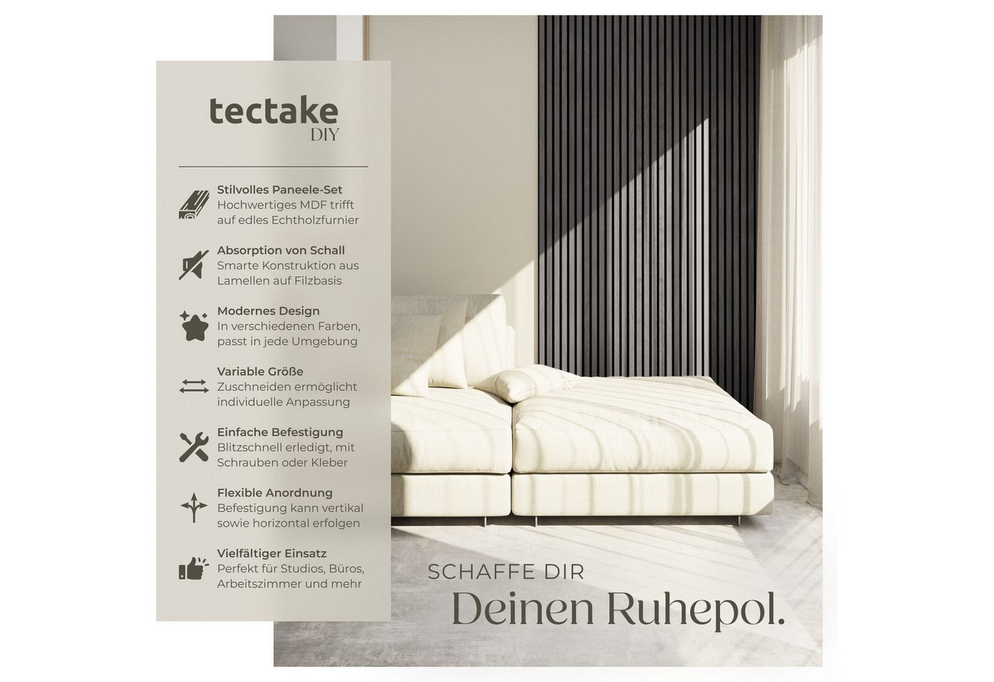 tectake Wandpaneel Akustikpaneele aus MDF und Echtholzfurnier - Eiche schwarz, BxL: 50x110 cm, 0.55000000000000004 qm, (Holzpaneele Sonic Wall II, 2-tlg., Größe – Bild 2 von 5