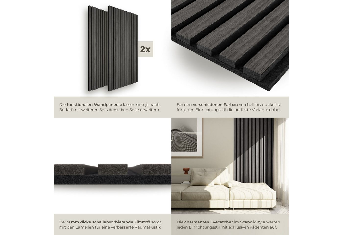 tectake Wandpaneel Akustikpaneele aus MDF und Echtholzfurnier - Eiche schwarz, BxL: 50x110 cm, 0.55000000000000004 qm, (Holzpaneele Sonic Wall II, 2-tlg., Größe – Bild 4 von 5
