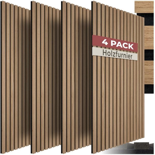tectake Wandpaneel Akustikpaneele aus MDF und Echtholzfurnier, je 110 x 50 x 1,1 cm, BxL: 50x110 cm, (Holzpaneele Sonic Wall IV, 4-tlg., Holzoptik in Eiche) sch