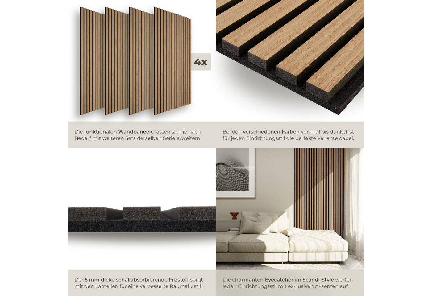 tectake Wandpaneel Akustikpaneele aus MDF und Echtholzfurnier, je 110 x 50 x 1,1 cm, BxL: 50x110 cm, (Holzpaneele Sonic Wall IV, 4-tlg., Holzoptik in Eiche) sch – Bild 4 von 5