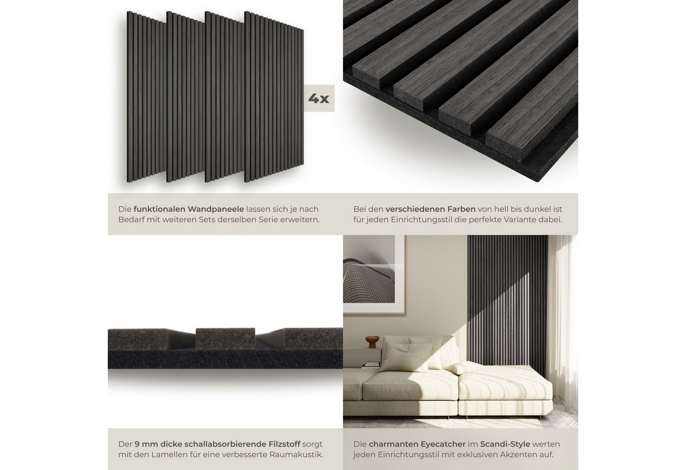 tectake Wandpaneel Akustikpaneele aus MDF und Echtholzfurnier - Eiche schwarz, BxL: 50x110 cm, 0.55000000000000004 qm, (Holzpaneele Sonic Wall II, 4-tlg., Größe – Bild 4 von 5