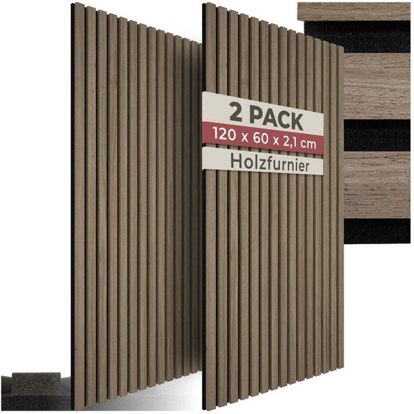 tectake Wandpaneel Akustikpaneele aus MDF und Echtholzfurnier - Eiche dunkel, BxL: 60x120 cm, 0.72 qm, (Holzpaneele Sonic Wall, 2-tlg., Größe flexibel anpassbar
