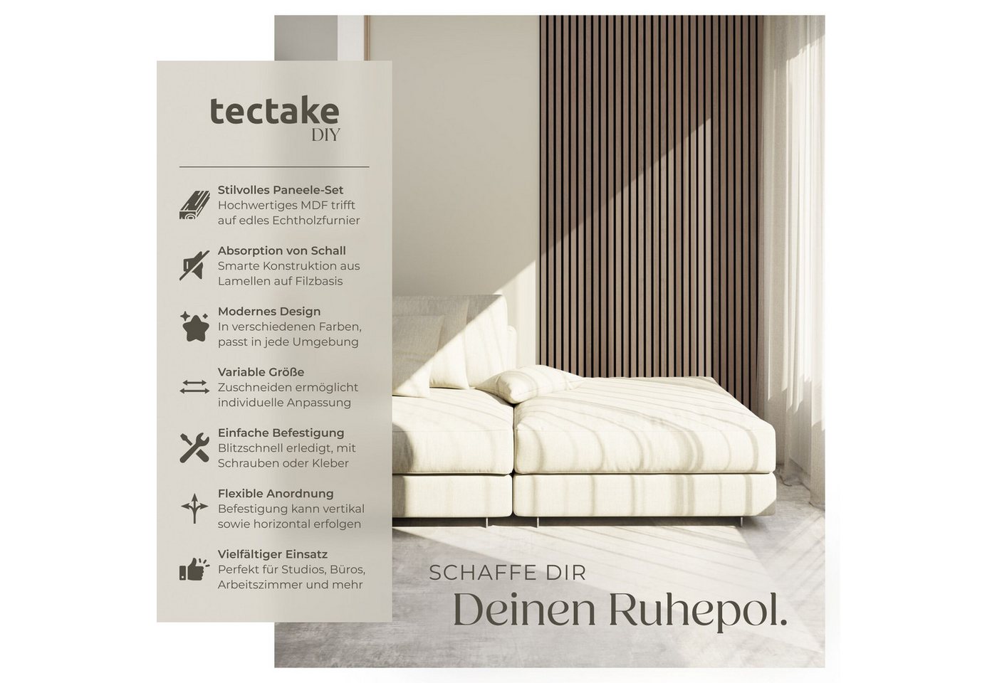 tectake Wandpaneel Akustikpaneele aus MDF und Echtholzfurnier - Eiche dunkel, BxL: 60x120 cm, 0.72 qm, (Holzpaneele Sonic Wall, 2-tlg., Größe flexibel anpassbar – Bild 2 von 5