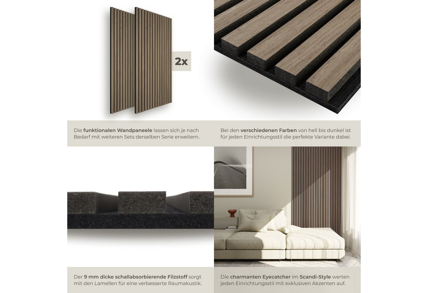 tectake Wandpaneel Akustikpaneele aus MDF und Echtholzfurnier - Eiche dunkel, BxL: 60x120 cm, 0.72 qm, (Holzpaneele Sonic Wall, 2-tlg., Größe flexibel anpassbar – Bild 4 von 5