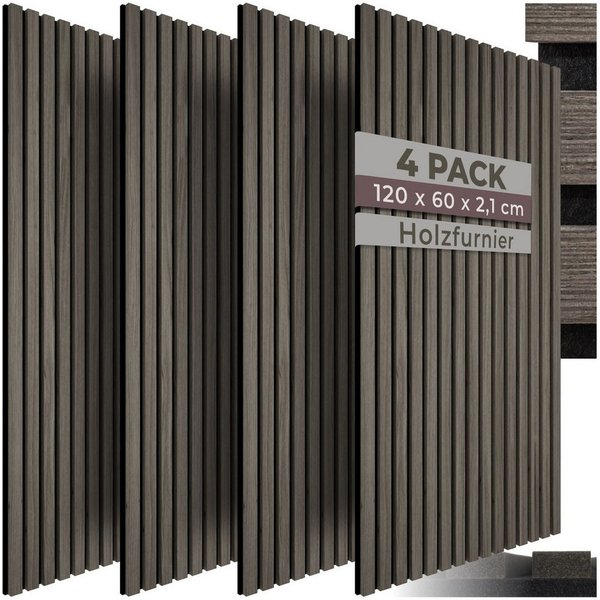 tectake Wandpaneel Akustikpaneele aus MDF und Echtholzfurnier - Eiche grau, BxL: 60x120 cm, 0.72 qm, (Holzpaneele Sonic Wall, 4-tlg., Größe flexibel anpassbar) 