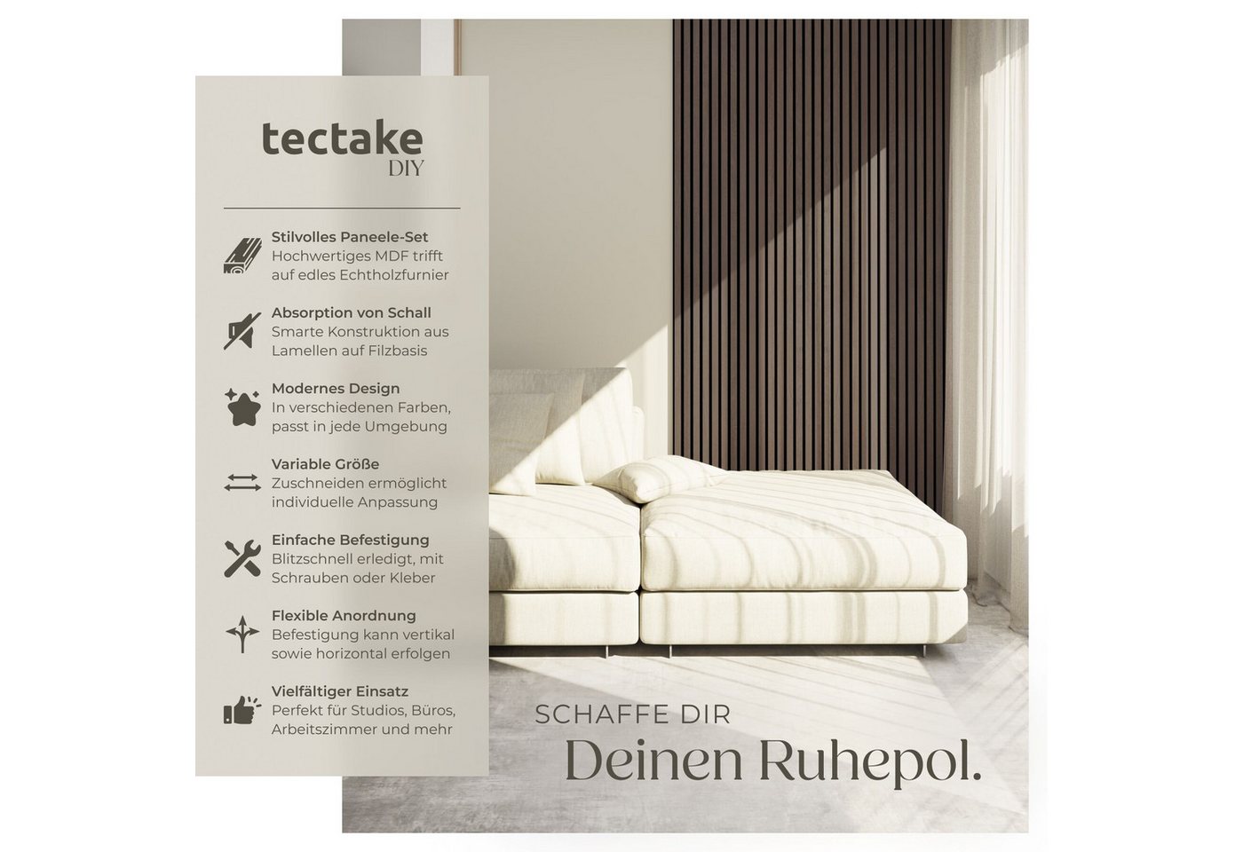 tectake Wandpaneel Akustikpaneele aus MDF und Echtholzfurnier - Eiche grau, BxL: 60x120 cm, 0.72 qm, (Holzpaneele Sonic Wall, 4-tlg., Größe flexibel anpassbar)  – Bild 2 von 5