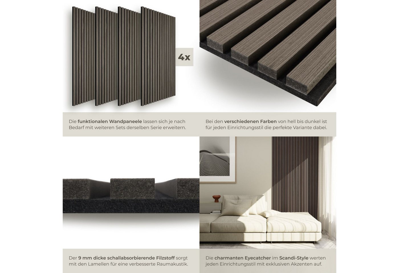 tectake Wandpaneel Akustikpaneele aus MDF und Echtholzfurnier - Eiche grau, BxL: 60x120 cm, 0.72 qm, (Holzpaneele Sonic Wall, 4-tlg., Größe flexibel anpassbar)  – Bild 4 von 5