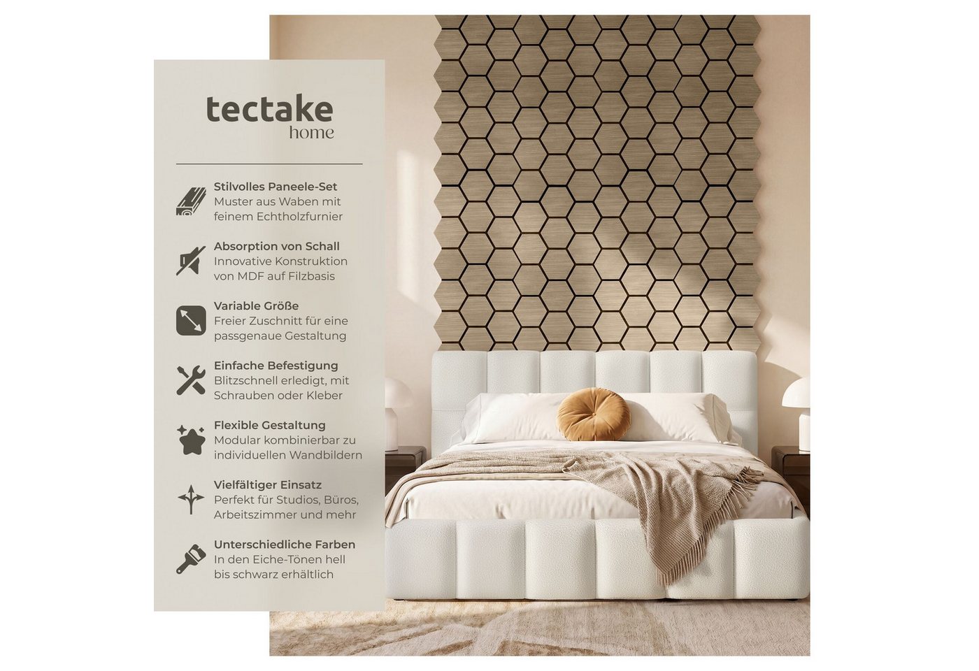 tectake Wandpaneel Akustikpaneele aus MDF und Echtholzfurnier, je 76 x 62 x 1,8 cm, BxL: 62x76 cm, 0.47 qm, (Schallschutzplatten mit Wabenmuster Sonic Shield, 8 – Bild 2 von 5