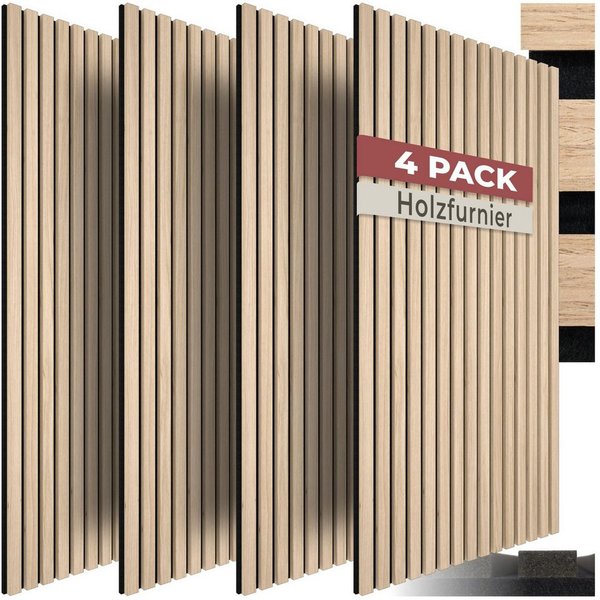 tectake Wandpaneel Akustikpaneele aus MDF und Echtholzfurnier, je 110 x 50 x 1,1 cm, BxL: 50x110 cm, (Holzpaneele Sonic Wall IV, 4-tlg., Holzoptik in Eiche hell