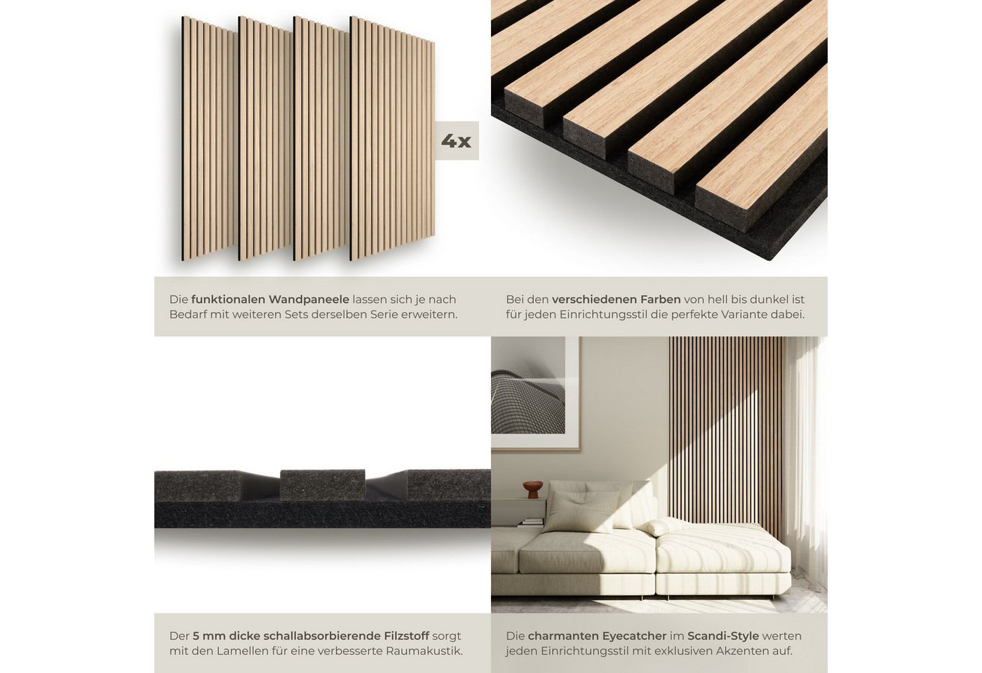 tectake Wandpaneel Akustikpaneele aus MDF und Echtholzfurnier, je 110 x 50 x 1,1 cm, BxL: 50x110 cm, (Holzpaneele Sonic Wall IV, 4-tlg., Holzoptik in Eiche hell – Bild 4 von 5