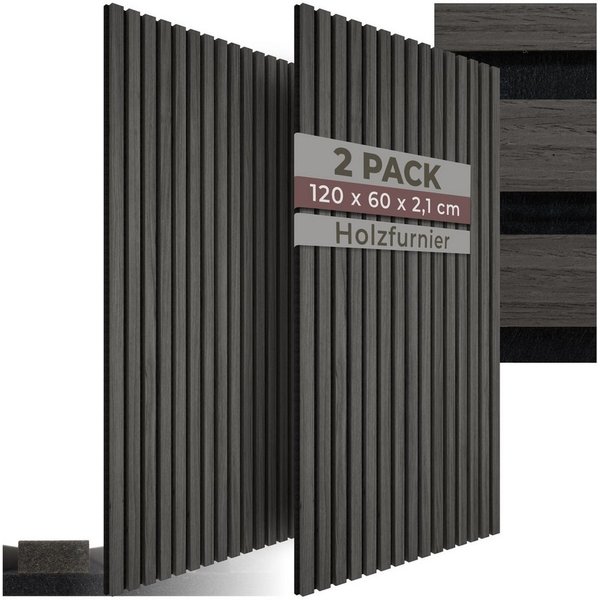 tectake Wandpaneel Akustikpaneele aus MDF und Echtholzfurnier - Eiche schwarz, BxL: 60x120 cm, 0.72 qm, (Holzpaneele Sonic Wall, 2-tlg., Größe flexibel anpassba