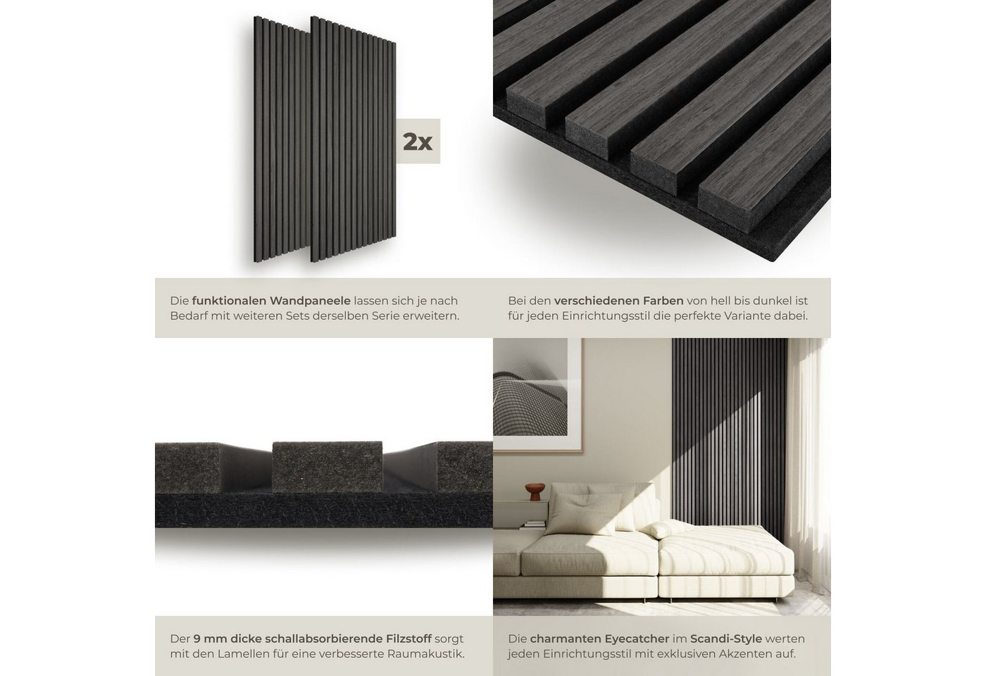 tectake Wandpaneel Akustikpaneele aus MDF und Echtholzfurnier - Eiche schwarz, BxL: 60x120 cm, 0.72 qm, (Holzpaneele Sonic Wall, 2-tlg., Größe flexibel anpassba – Bild 4 von 5