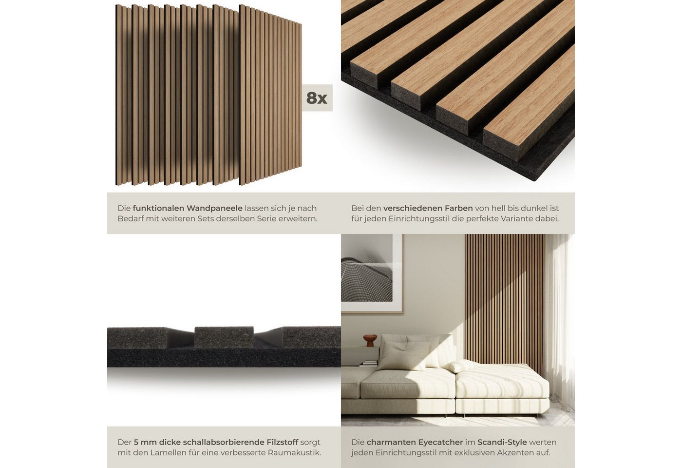 tectake Wandpaneel Akustikpaneele aus MDF und Echtholzfurnier, je 110 x 50 x 1,1 cm, BxL: 50x110 cm, (Holzpaneele Sonic Wall IV, 8-tlg., Holzoptik in Eiche) sch – Bild 4 von 5