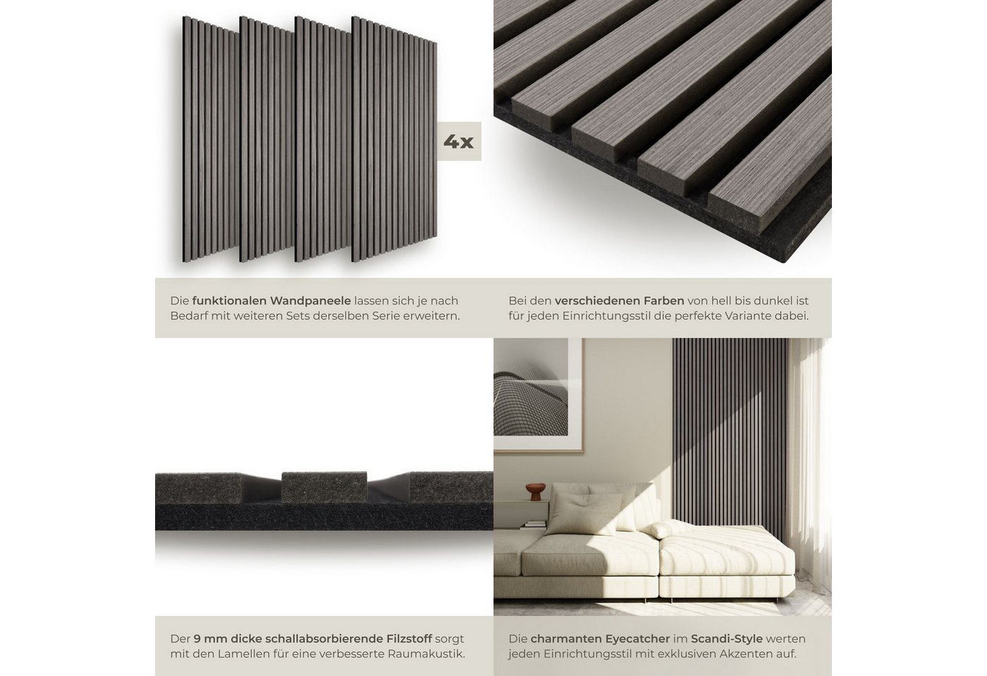 tectake Wandpaneel Akustikpaneele aus MDF und Echtholzfurnier - Eiche hellgrau, BxL: 50x110 cm, 0.55000000000000004 qm, (Holzpaneele Sonic Wall II, 4-tlg., Größ – Bild 4 von 5