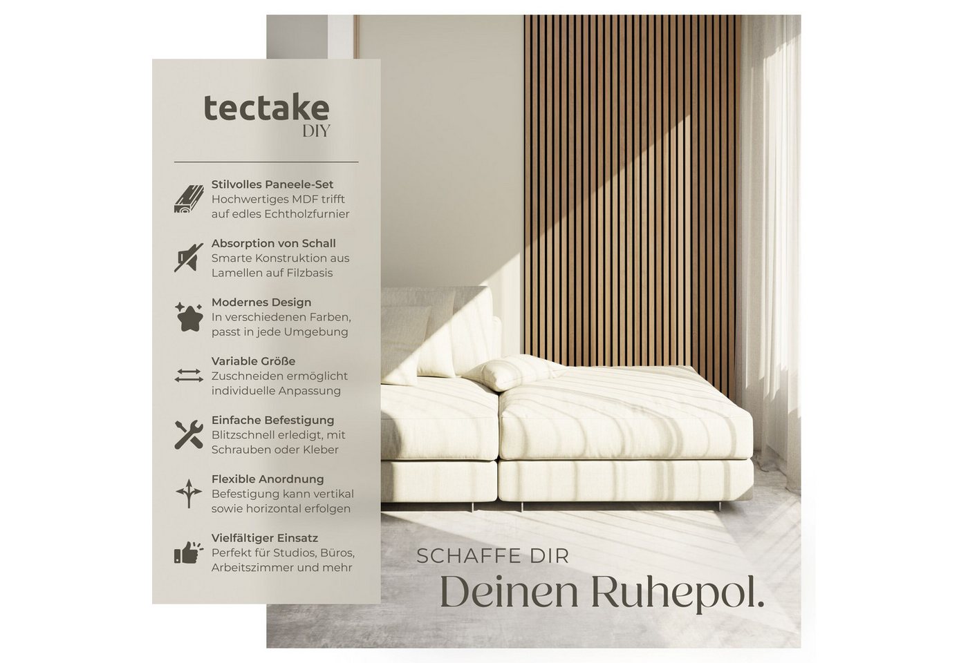 tectake Wandpaneel Akustikpaneele aus MDF und Echtholzfurnier - Eiche, BxL: 50x110 cm, 0.55000000000000004 qm, (Holzpaneele Sonic Wall II, 2-tlg., Größe flexibe – Bild 2 von 5
