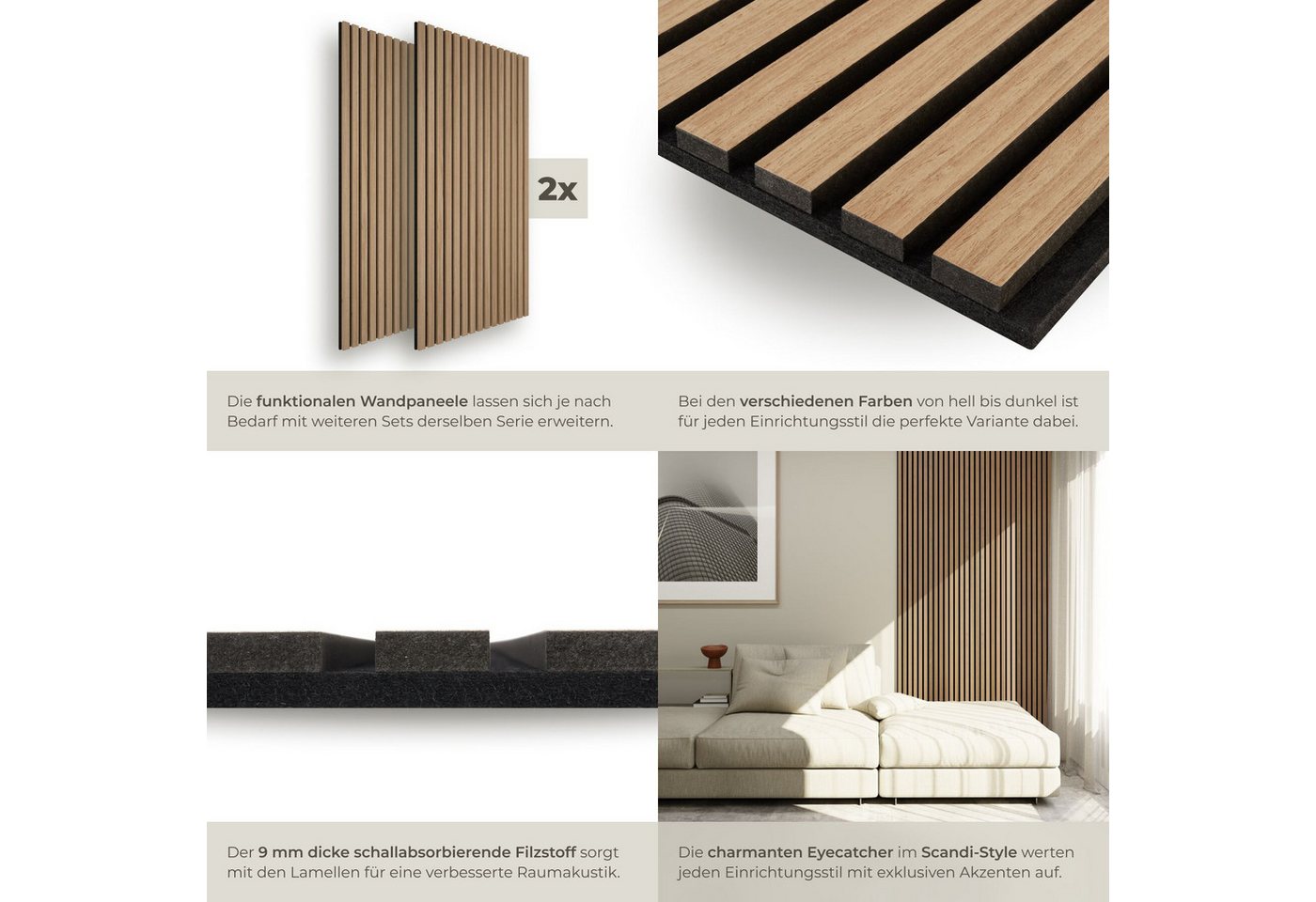 tectake Wandpaneel Akustikpaneele aus MDF und Echtholzfurnier - Eiche, BxL: 50x110 cm, 0.55000000000000004 qm, (Holzpaneele Sonic Wall II, 2-tlg., Größe flexibe – Bild 4 von 5