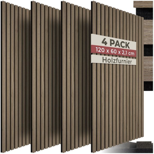 tectake Wandpaneel Akustikpaneele aus MDF und Echtholzfurnier - Eiche dunkel, BxL: 60x120 cm, 0.72 qm, (Holzpaneele Sonic Wall, 4-tlg., Größe flexibel anpassbar