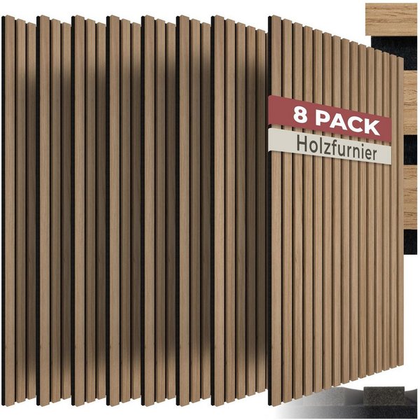 tectake Wandpaneel Schallabsorber 120 x 60 cm Echtholzfurnier 3D schallabsorbierend, BxL: 60x120 cm, (Holzlamellenpaneele SonicWall III, 8-tlg., in Eiche) einfa