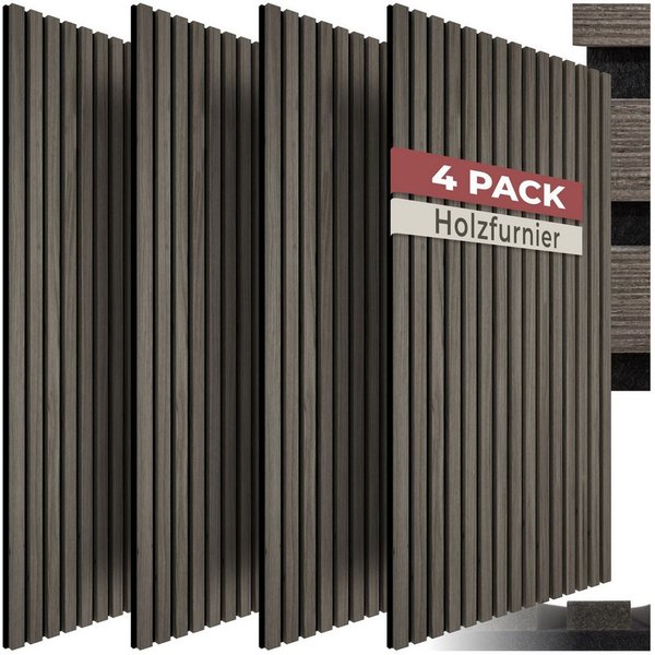 tectake Wandpaneel Schallschutzpanel Echtholzfurnier 110x50 cm, 3D, schallabsorbierend, BxL: 50x110 cm, (Schallabsorber Wand Sonic Wall IV, 4-tlg., in Eiche gra